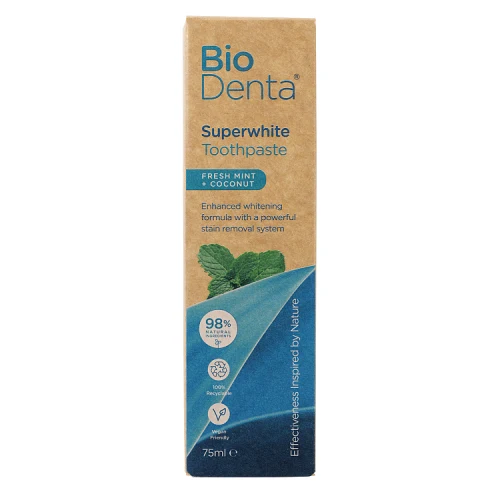BECONFIDENT BioDenta Ultra Whitening hammastahna, jossa raikas mintun ja kookoksen maku (75 ml)