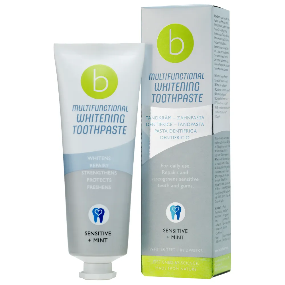 BECONFIDENT Monitoiminen valkaiseva hammastahna herkille hampaille, mintun maku (75 ml)