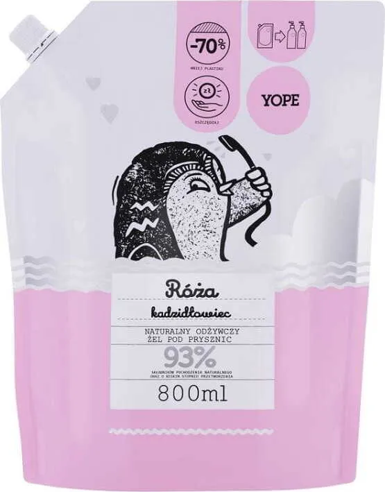 Luonnollinen uudistava suihkugeeli ruusu ja suitsuke täyttöpakkaus 800 ml YOPE
