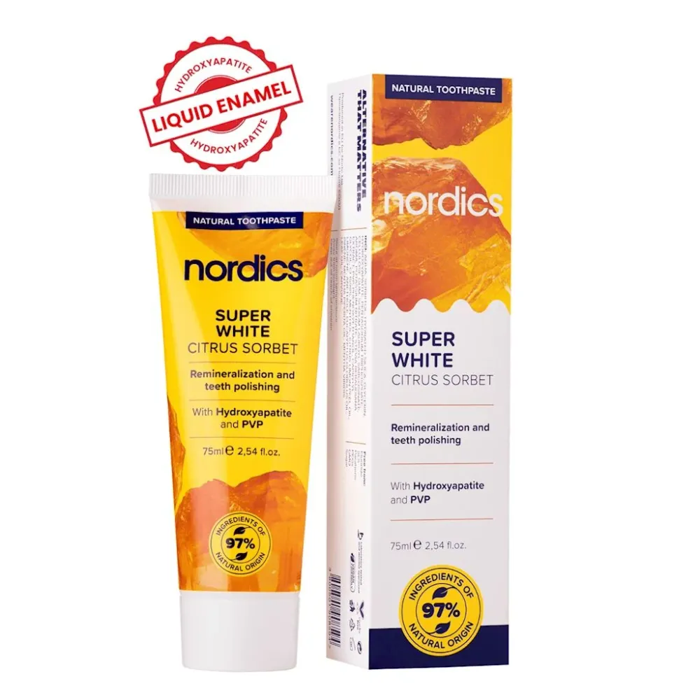 SUPER VALKOINEN REMINERALISOIVA HAMPASTAHNA FLUORAATTI LASILLA 75 ml - NORDICS