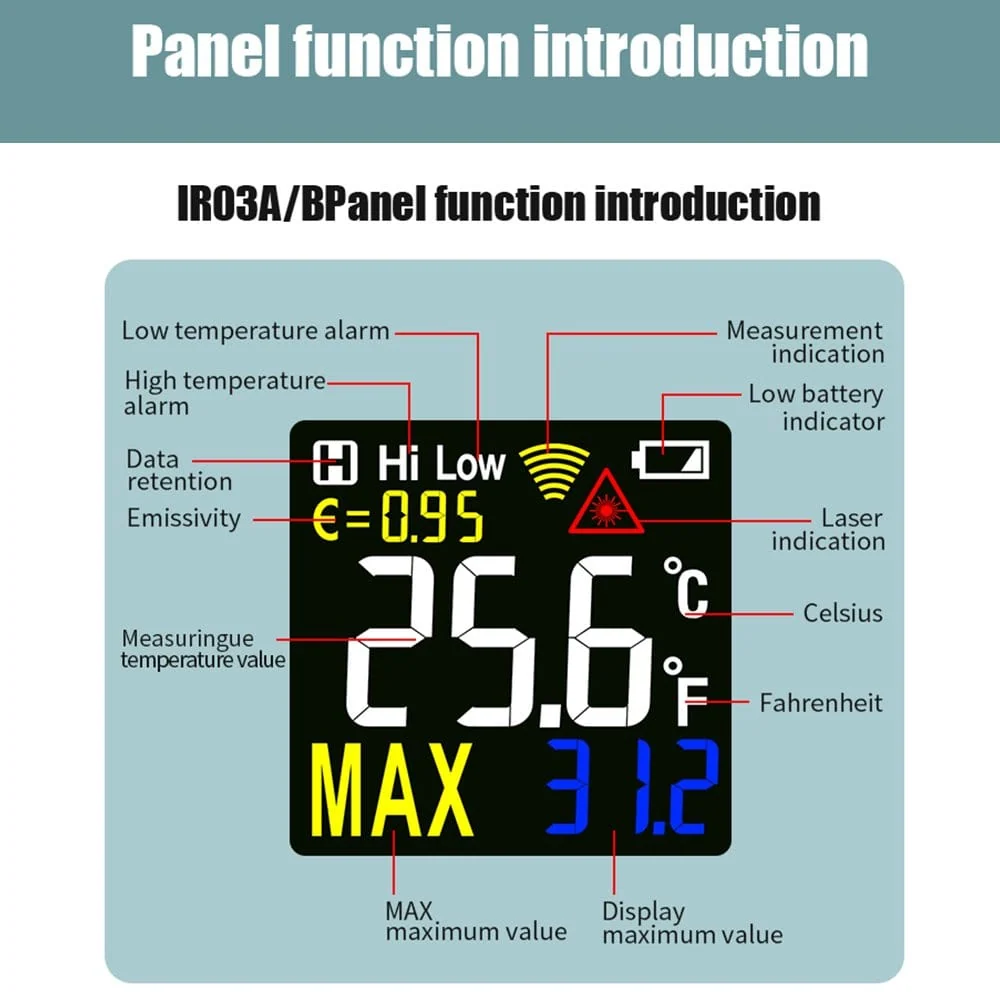 Mestek IR03A Infrapunalämpömittari kosketukseton lämpötilamittari värillisellä LCD-näytöllä
