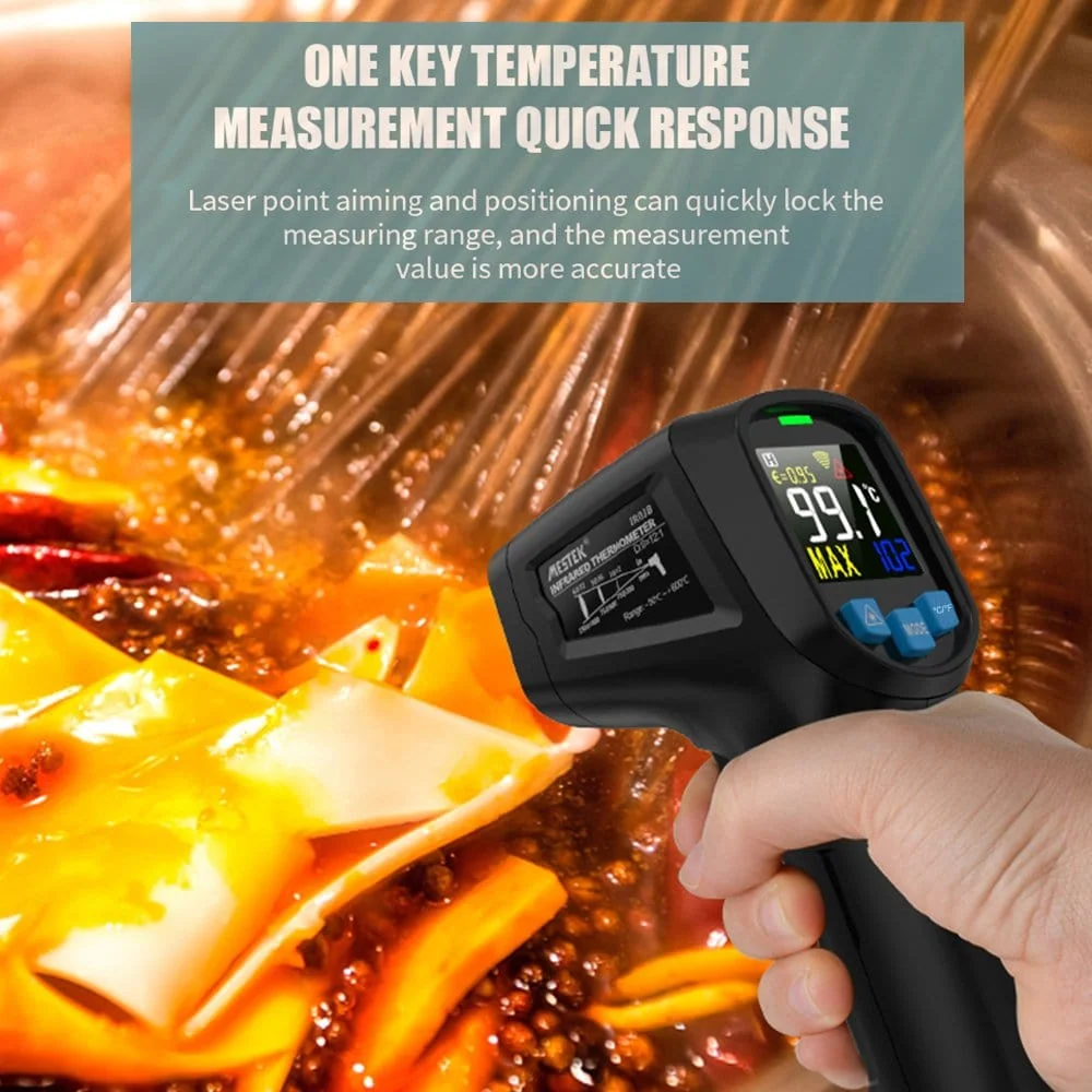 Mestek IR03A Infrapunalämpömittari kosketukseton lämpötilamittari värillisellä LCD-näytöllä