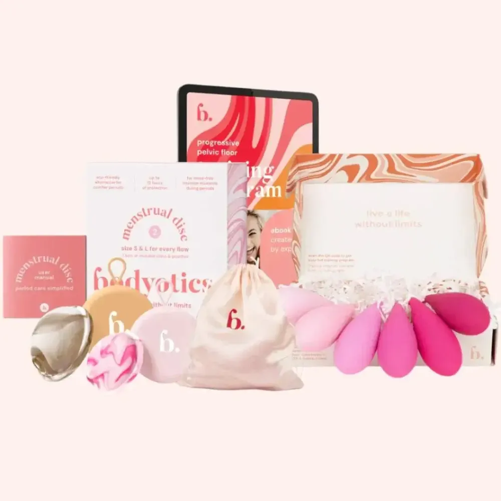 Bodyotics Kegel-painot (6 kpl) + uudelleenkäytettävä kuukautislevysetti – beige & pinkki